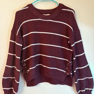 Striped Burgundy Sweater with Side Lace-Up Detail